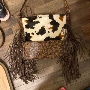 Cowhide & Tooled Leather Fringe Western Purse